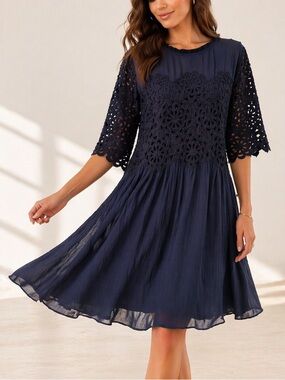 Sea New York Silk Lace Dress Navy Sheer Yoke Boho Mini Size 6